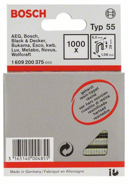 Clous 'Bosch Type 55', lot de 1000 pièces. Compatibles avec diverses marques. Dimensions : 6,0 mm x 1,08 mm x 32 mm. Fabriqués en Allemagne.