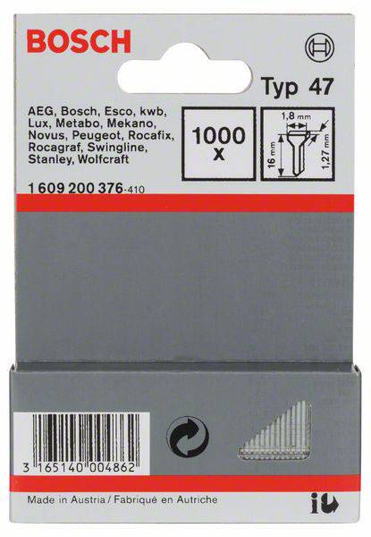 Un pack d'agrafes Bosch type 47, 1000 pièces, longueur 18 mm, largeur 1,8 mm. Compatible avec des marques telles que AEG, Metabo, Stanley.