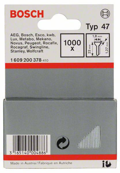 Emballage d'agrafes Bosch type 47. Compatible avec des marques telles que AEG, Metabo, etc. Dimensions 23 mm x 1,8 mm, lot de 1000 pièces.