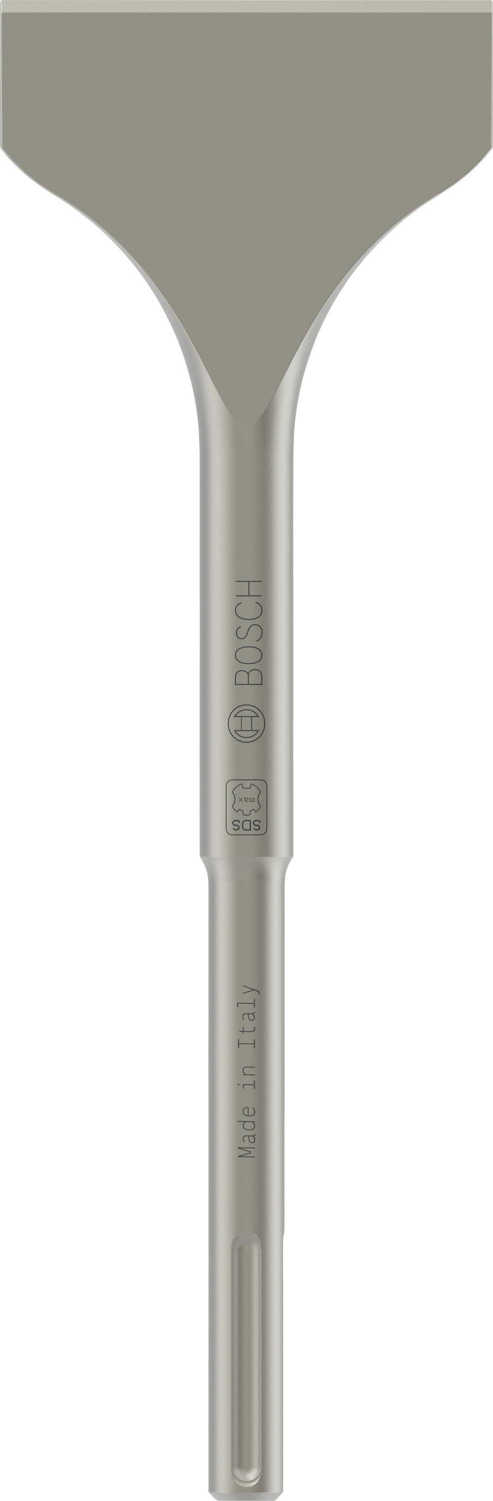 Burin plat avec un corps métallique gris, fabriqué par Bosch, adapté aux travaux de construction et à la démolition de béton ou de briques.