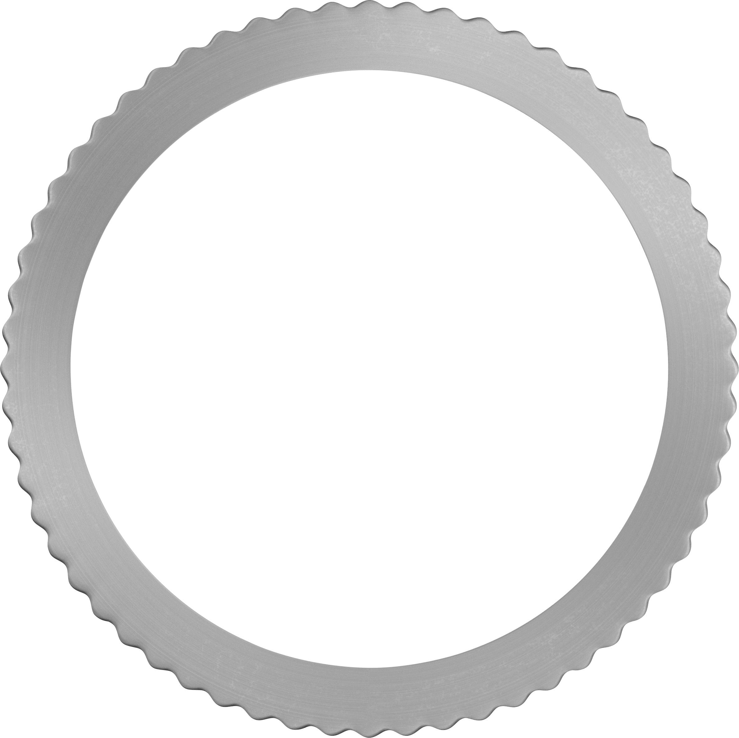 Couvercle de bouteille en métal gris avec un bord dentelé, vu de dessus.