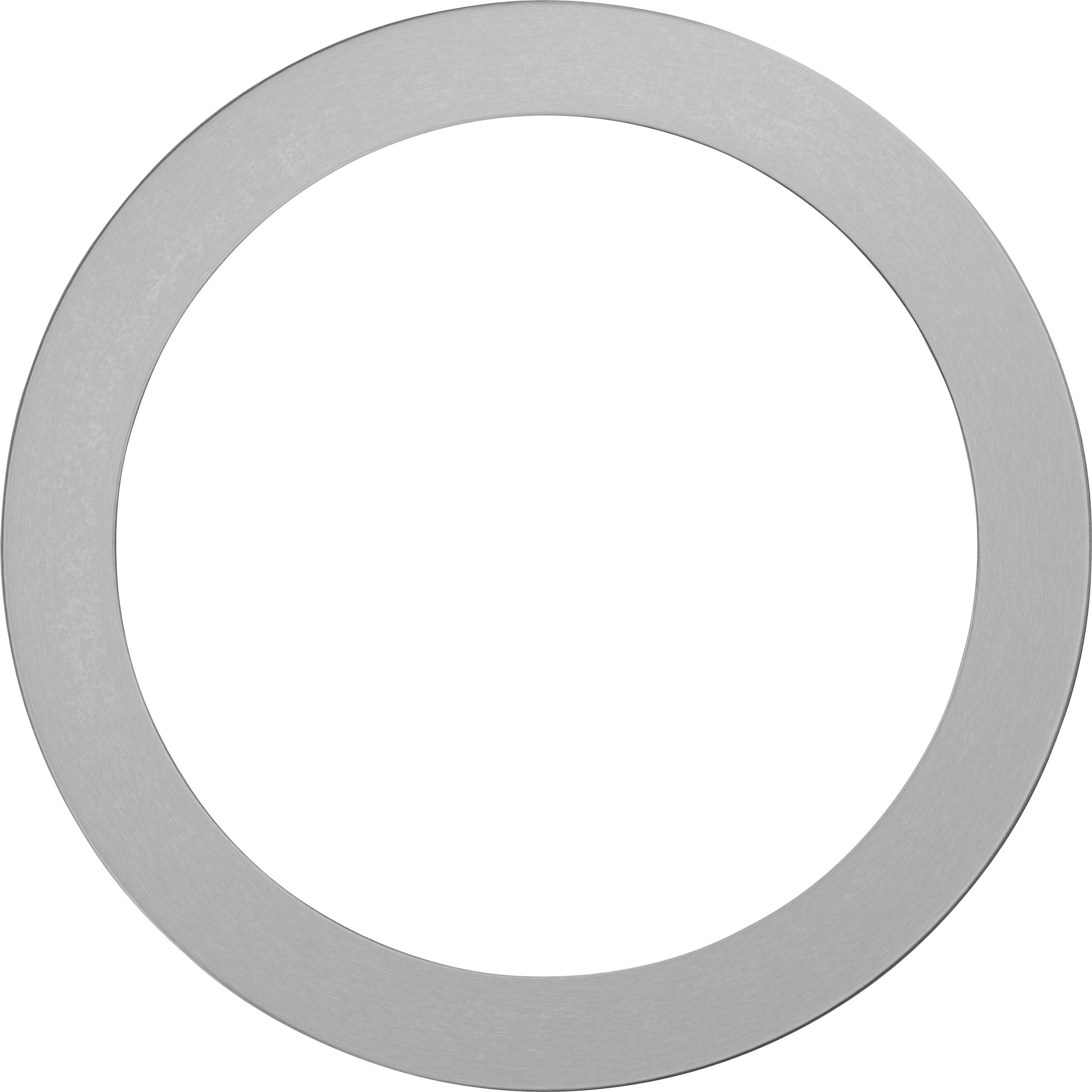 Un disque en métal argenté avec un grand trou central, ressemblant à une rondelle ou à un anneau, sur un fond blanc.