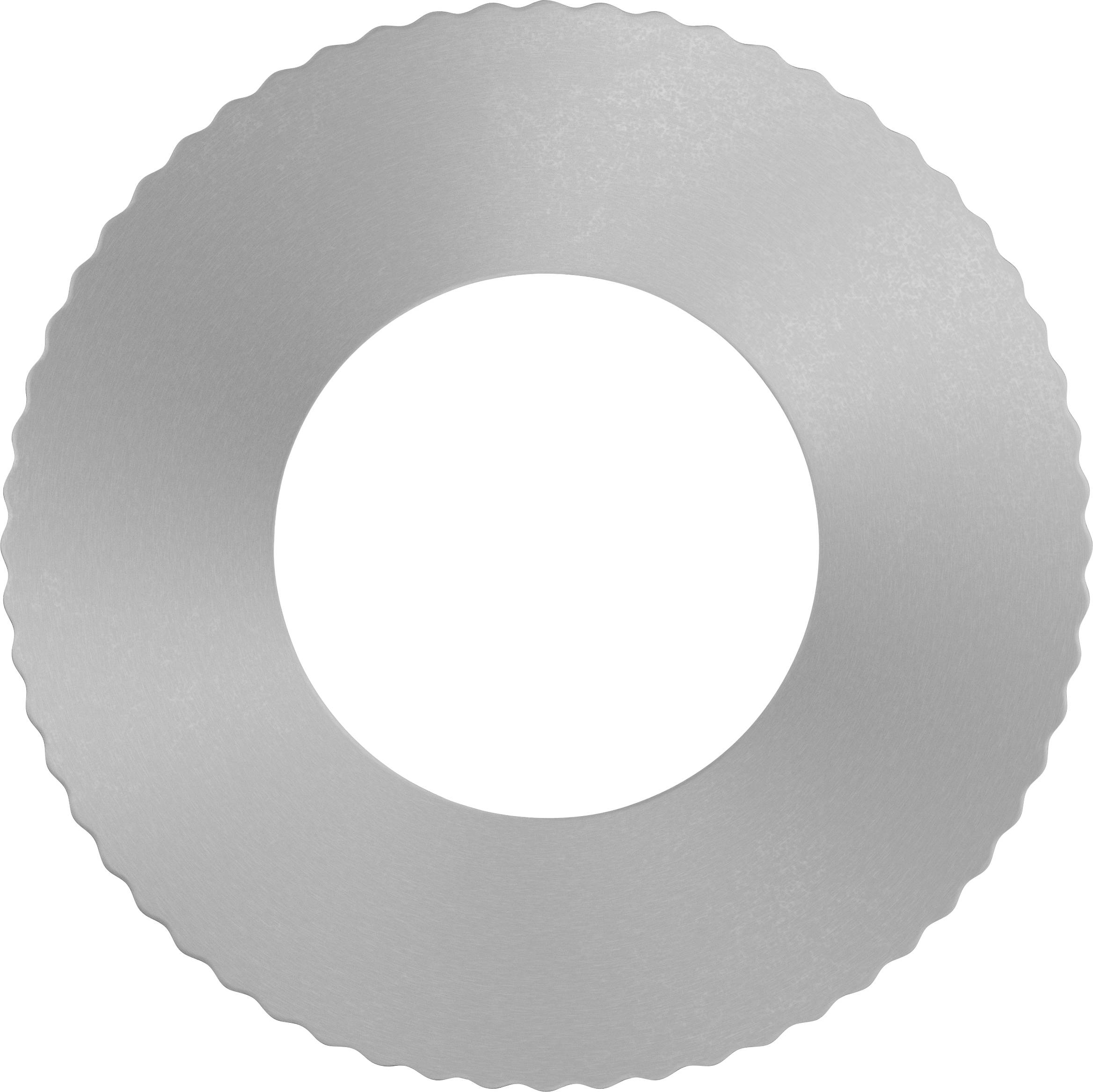 Un disque métallique gris avec un bord dentelé et un trou central, ressemblant à une lame de scie.