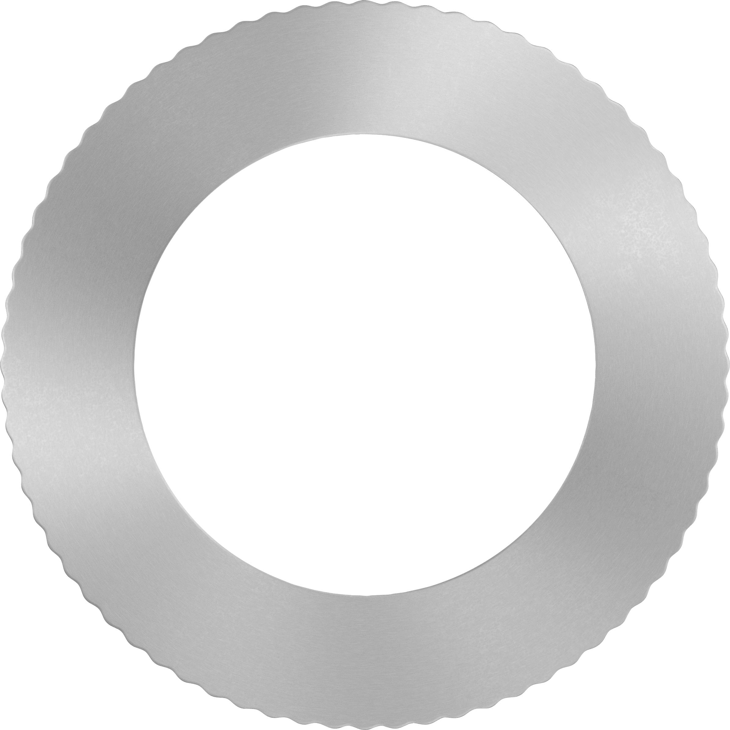 Une lame de scie en métal dur argentée aux dents dentelées présente une ouverture centrale circulaire.
