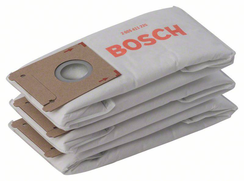 Trois sacs d'aspirateur Bosch pliés, empilés, avec logo rouge et numéro de modèle imprimé.