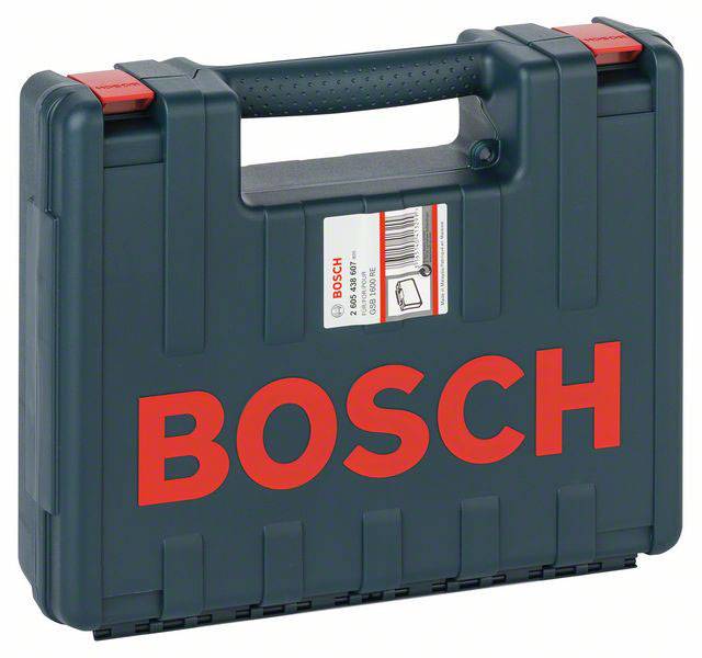Valise noire avec le logo rouge 'BOSCH' sur le dessus, munie d'une poignée de transport. Contient des outils ou des accessoires de la marque Bosch.