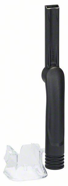 Un embout d'aspirateur noir avec un long tuyau étroit est posé à côté d'une pièce transparente en plastique sur un fond blanc.