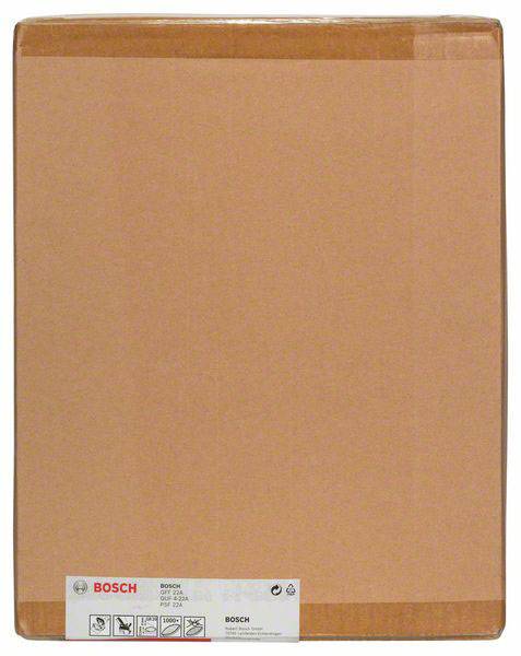 Un grand carton rectangulaire brun avec une étiquette de la marque Bosch sur sa face inférieure.