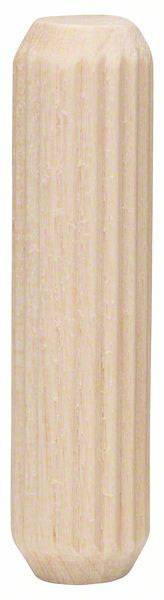 Un goujon en bois de teinte naturelle avec une surface striée, de forme cylindrique, principalement utilisé pour la fabrication de meubles et les assemblages de bois.