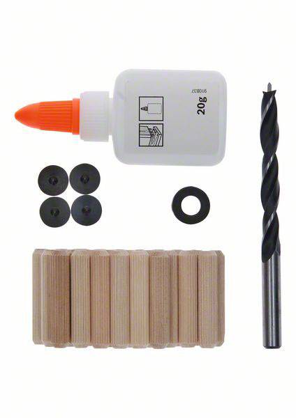 Ensemble de chevilles en bois avec colle à bois, foret et chevilles. Comprenant quatre rondelles en plastique et une rondelle de montage.