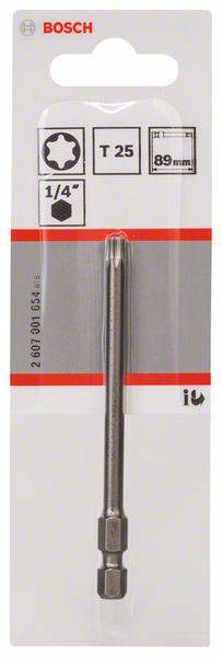 Emballage avec embout Torx Bosch T25, longueur 89 mm. Adapté aux outils avec emmanchement 1/4 de pouce.