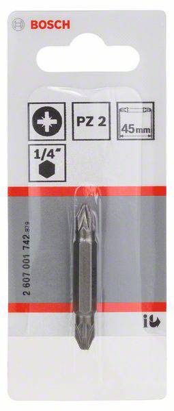 Embout de vissage Bosch PZ 2, 25 mm, dans un emballage avec des graphiques et des symboles indiquant la taille, le profil et la marque.