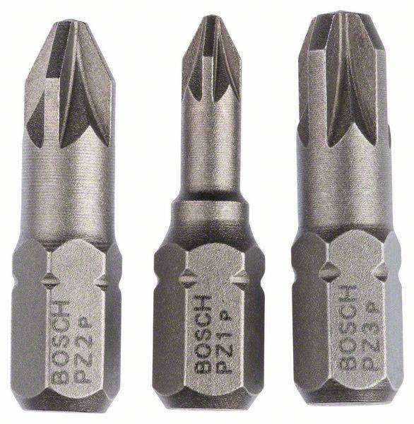 Trois embouts de tournevis de la marque Bosch de différentes tailles, adaptés aux vis à tête cruciforme.