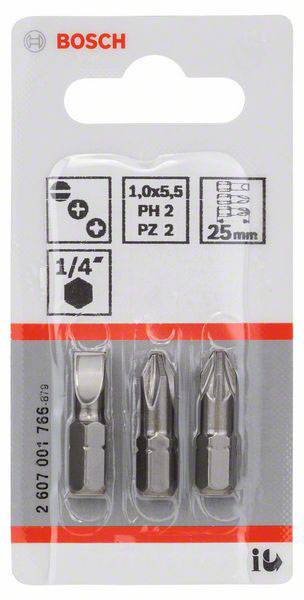 Bosch Coffret d'embouts de tournevis, 3 pièces, comprenant des embouts PH2 et PZ2, longueur 25 mm, compatibles avec un mandrin hexagonal 1/4 pouce.