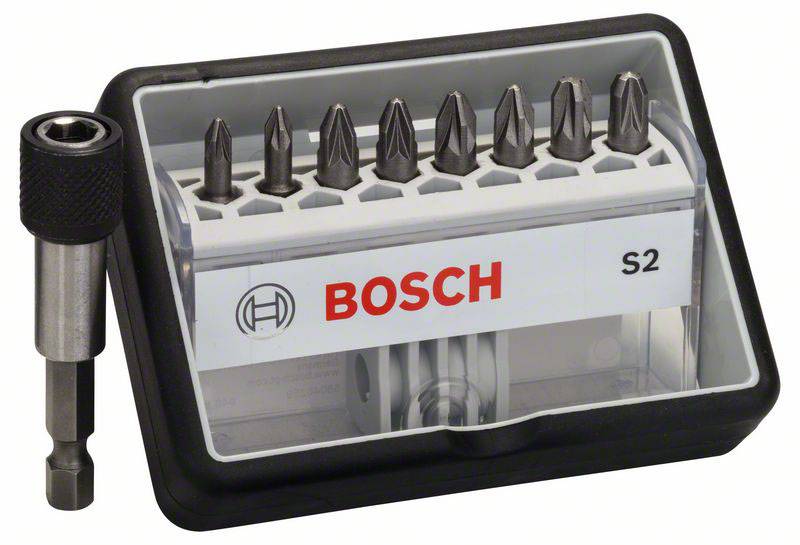 Coffret de tournevis embouts Bosch S2 en boîte en plastique noir. Comprend neuf embouts et un porte-embout magnétique.