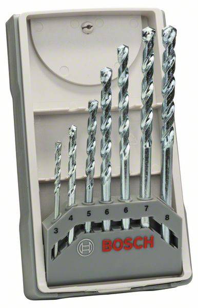 Cinq forets de différentes tailles, rangés du plus petit au plus grand, dans un support gris portant l'inscription 'BOSCH'.