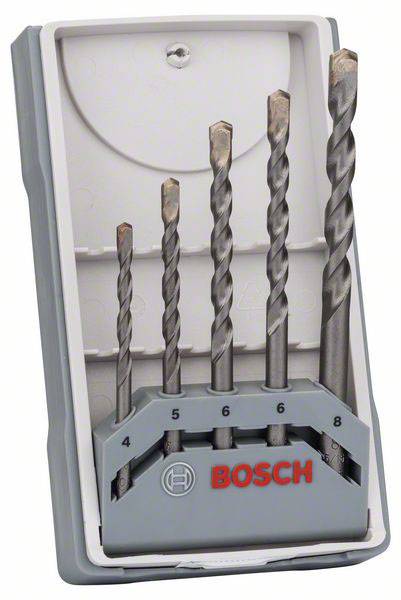 Un ensemble de cinq forets à béton Bosch de différentes tailles, rangés dans un coffret en plastique blanc et gris.