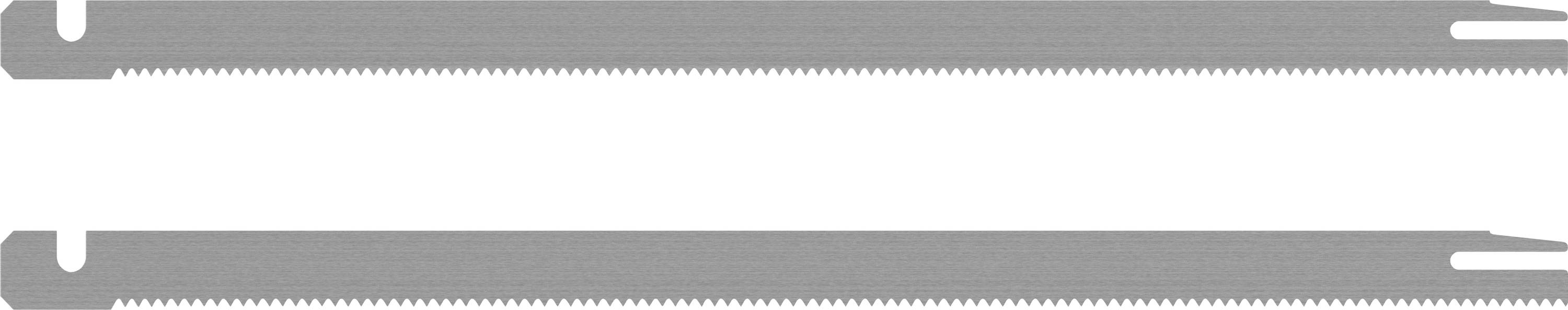 Deux lames de scie longues et étroites avec des dents fines alignées dans le même sens, convenant aux travaux de coupe précis sur bois ou métal.