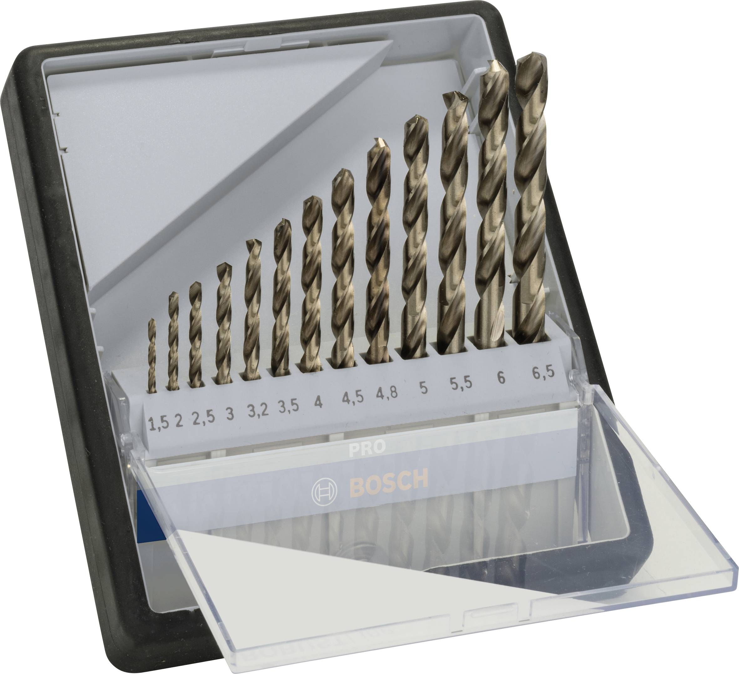 Coffret de forets avec douze forets métalliques de différentes tailles (1,5 à 6,5 mm) dans un boîtier en plastique ouvert, marque Bosch.