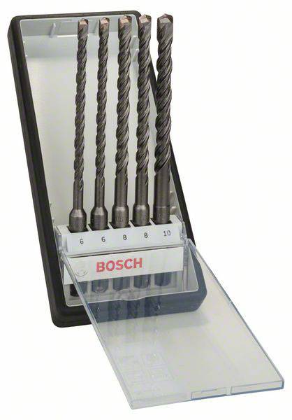 Un ensemble de cinq forets Bosch dans un étui transparent, triés par taille de 6 à 10 mm.