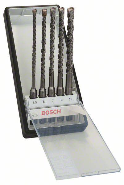 Coffret de forets 'Bosch', 5 forets pour métal de diamètres 5,5 à 10, dans un boîtier noir à couvercle transparent, présentés verticalement.