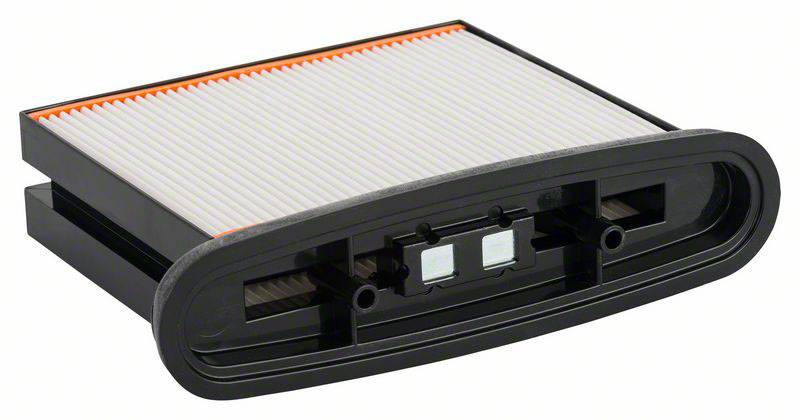 Filtre à air pour véhicules avec boîtier rectangulaire et joint d'étanchéité orange, utilisé pour purifier l'admission d'air dans le compartiment moteur.