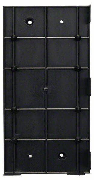 Plaque de plastique noir rectangulaire avec de petites protubérances et des trous circulaires. Utilisée comme support structural.
