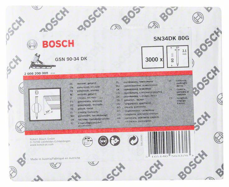Étiquette sur l'emballage Bosch avec le nom du produit 'GSN 90-34 DK', numéro de modèle 'SN34DK 80G', détails techniques et informations de l'entreprise.