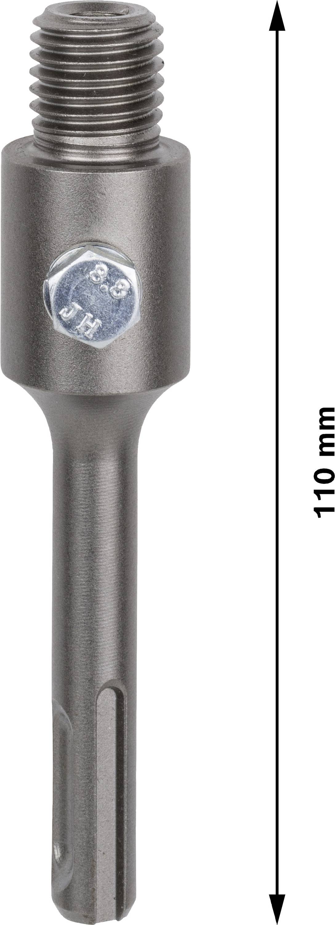 Adaptateur de mandrin de perçage métallique, 110 mm de long, avec filetage vissé en haut et vis à tête hexagonale sur le côté, pour utilisation avec perceuses.