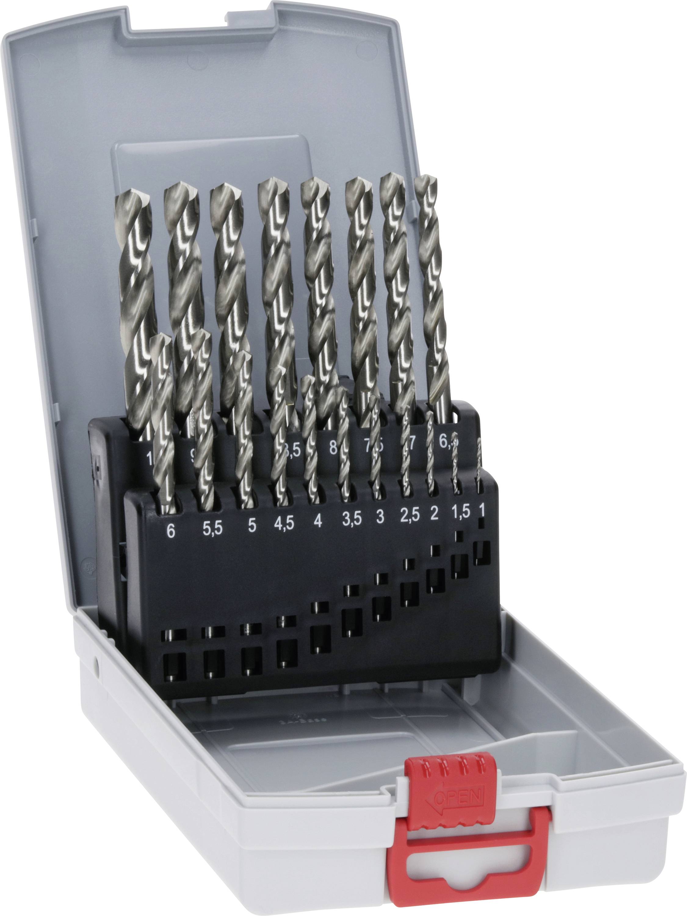 Un ensemble de 13 forets dans un coffret ouvert gris avec une fermeture rouge. Les forets sont triés par tailles allant de 1,5 à 6 mm.
