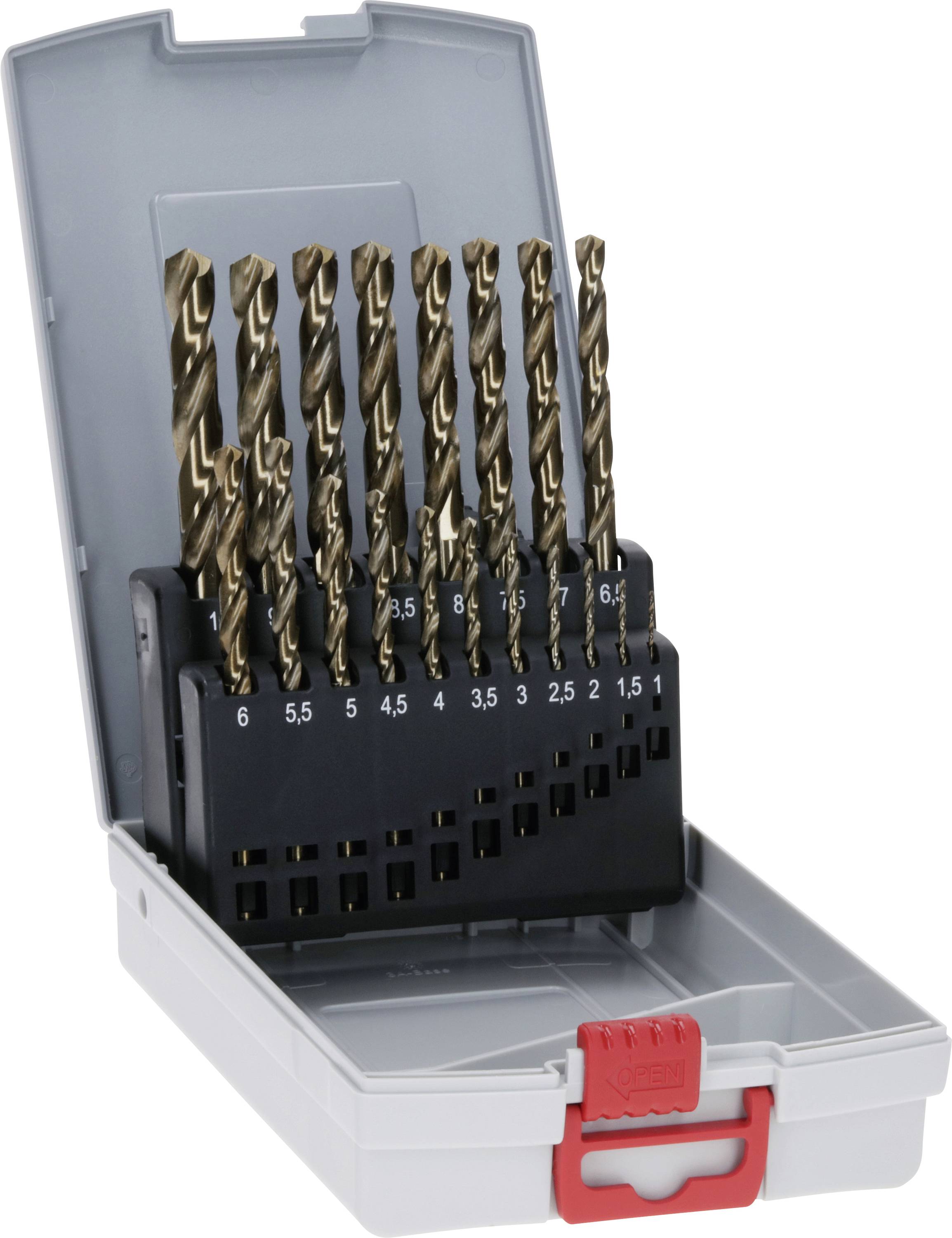 Ensemble de forets dans un coffret gris ouvert avec un fermoir rouge. Dix différentes tailles de forets allant de 1 à 10 mm disposées.