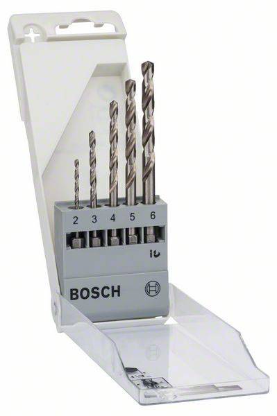 Ensemble de cinq forets Bosch de tailles progressives de 2 à 6 mm, positionnés verticalement dans un coffret ouvert.