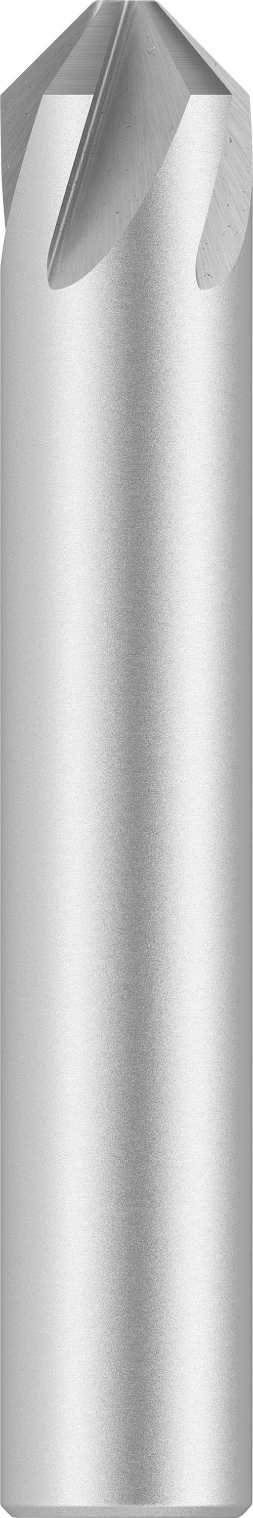 Un ébavureur conique en argent à pointe acérée, utilisé pour l'ébavurage des trous dans des matériaux métalliques, est dressé verticalement.