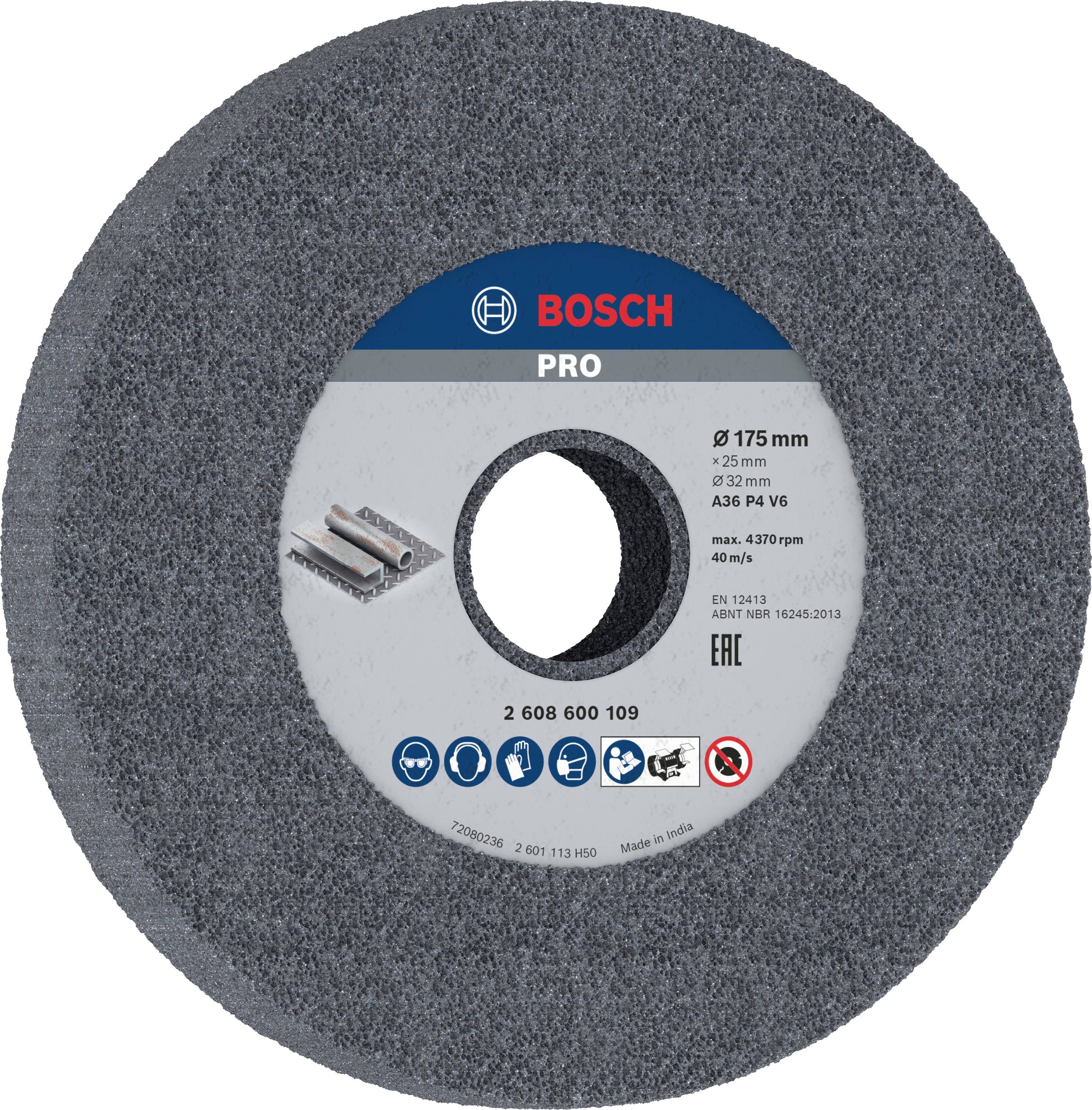 Disque à meuler 'Bosch Pro' de 175 mm de diamètre pour le meulage de métal, spécifié A36 P4 V6, vitesse maximale de 4370 tr/min.