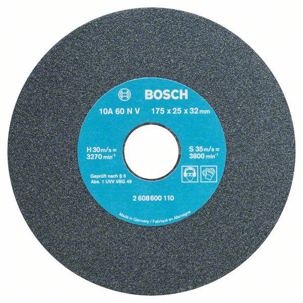Disque à meuler Bosch, étiquette bleue au centre avec spécifications : 175x25x32 mm, H 30 m/s, testé selon § 6, fabriqué en Allemagne.