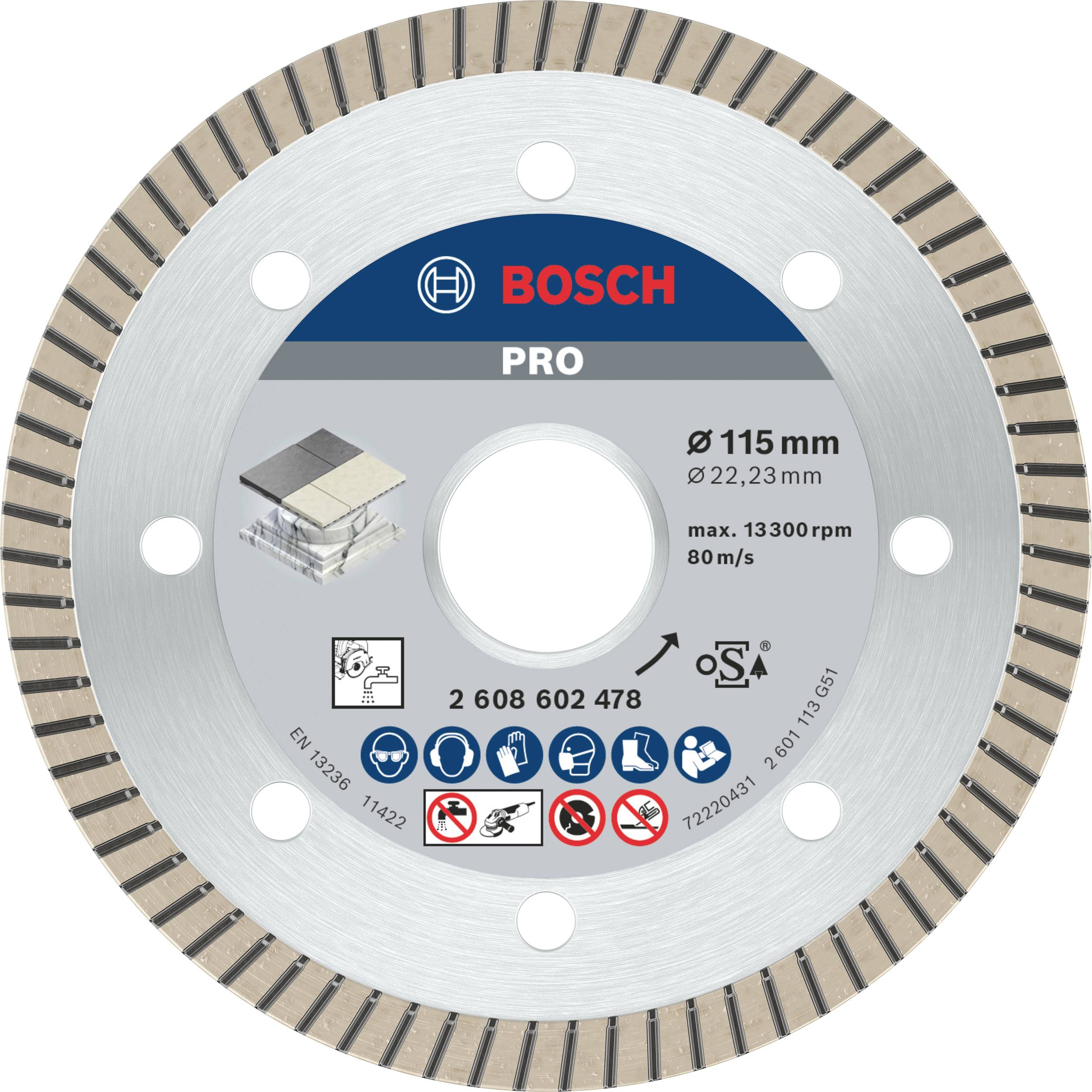 Disque à tronçonner diamanté Best for Ceramic Extraclean Turbo, 115 x 22,23 x 1,4 x 7 mm Bosch 2608602478