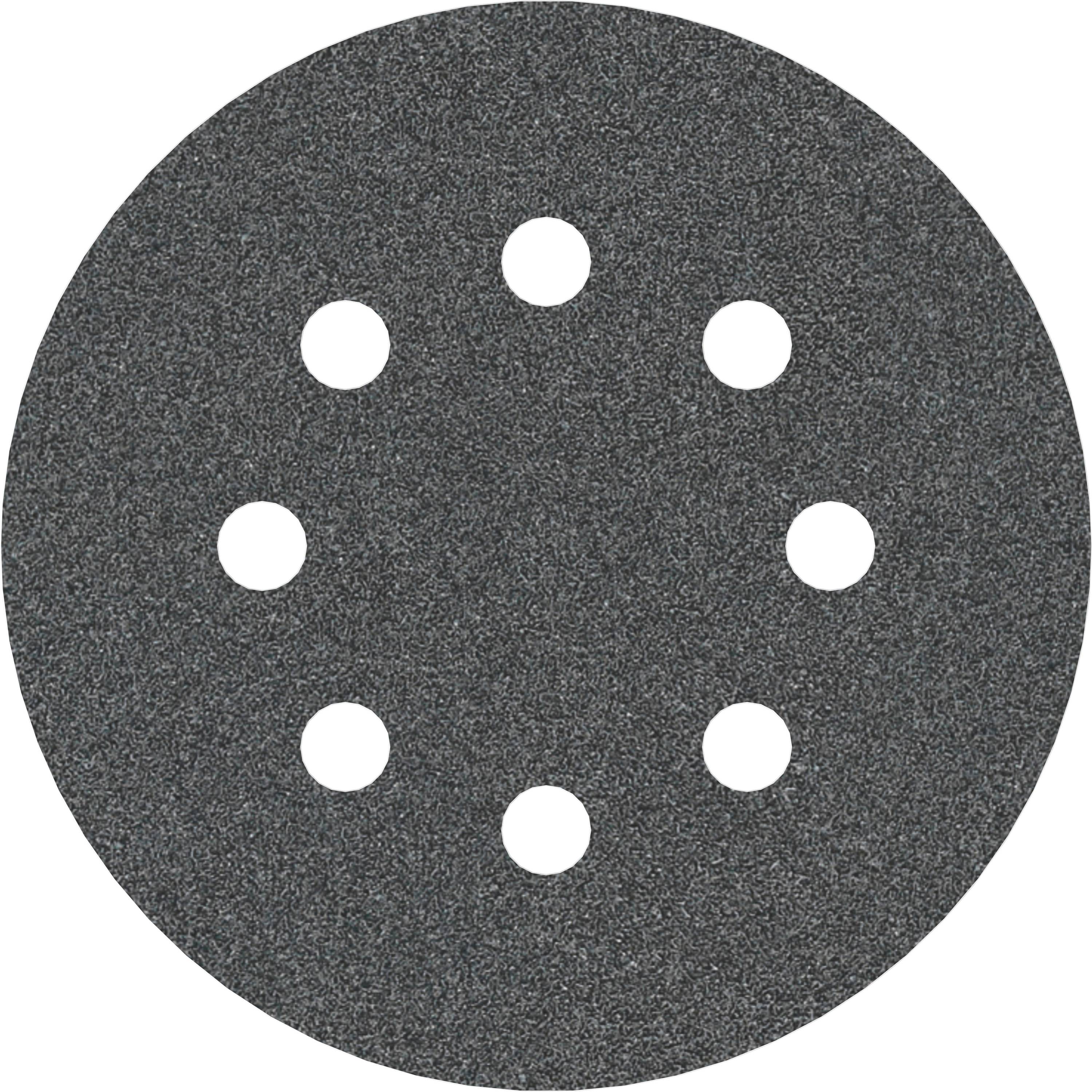 Papier de verre gris, rond, avec huit trous uniformément répartis pour la fixation sur un appareil de ponçage.
