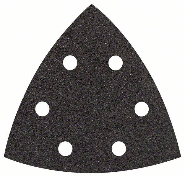 Papier de verre triangulaire avec six trous ronds pour fixation sur une machine à poncer, adapté aux travaux sur bois et métaux.