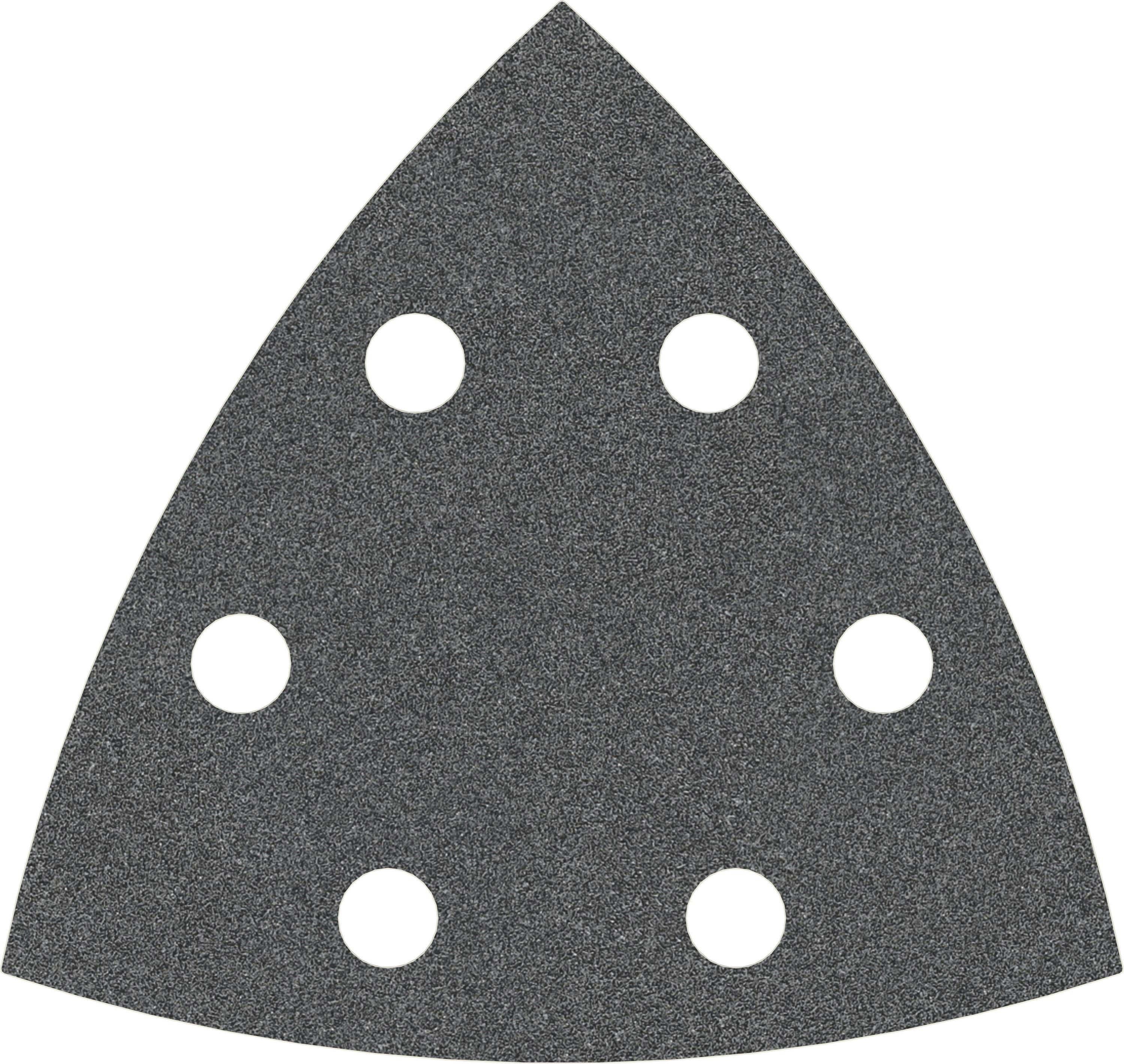 Un papier de verre triangulaire avec six trous ronds répartis uniformément, adapté à une ponceuse triangulaire.