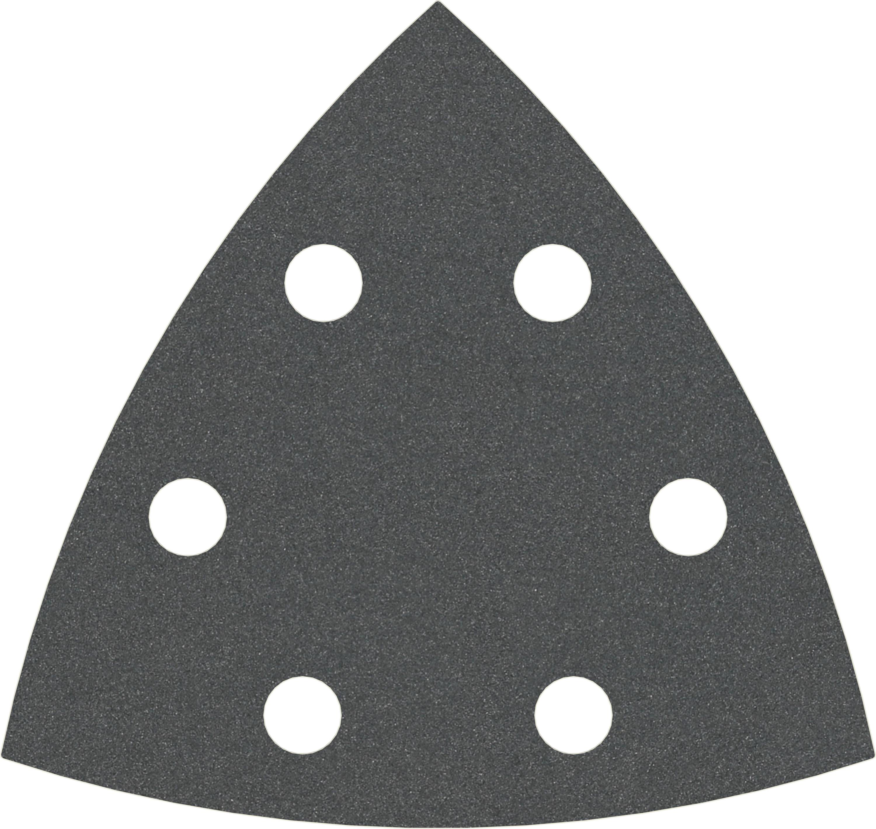 Un papier de verre triangulaire avec six trous ronds, typiquement utilisé pour un outil multifonction ou un ponceur triangulaire.