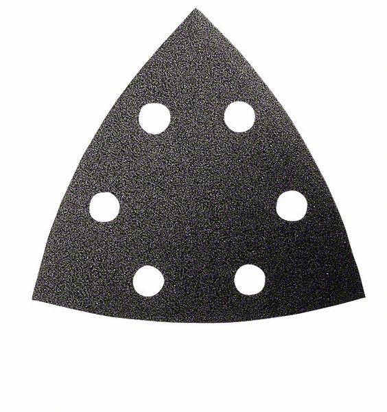 Papier abrasif triangulaire avec six trous. Adapté pour une ponceuse delta pour le traitement des coins et des bords.