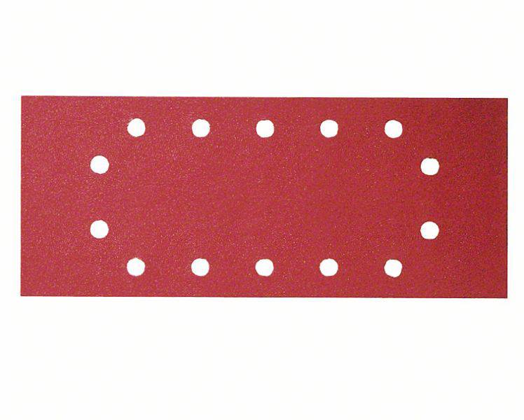 Papier de verre rouge rectangulaire avec un arrangement ovale de 14 trous.