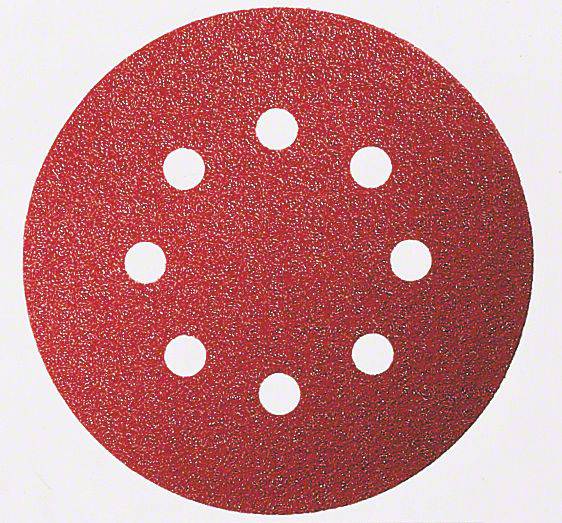 Disque de meulage rouge avec huit trous répartis uniformément sur un fond blanc.
