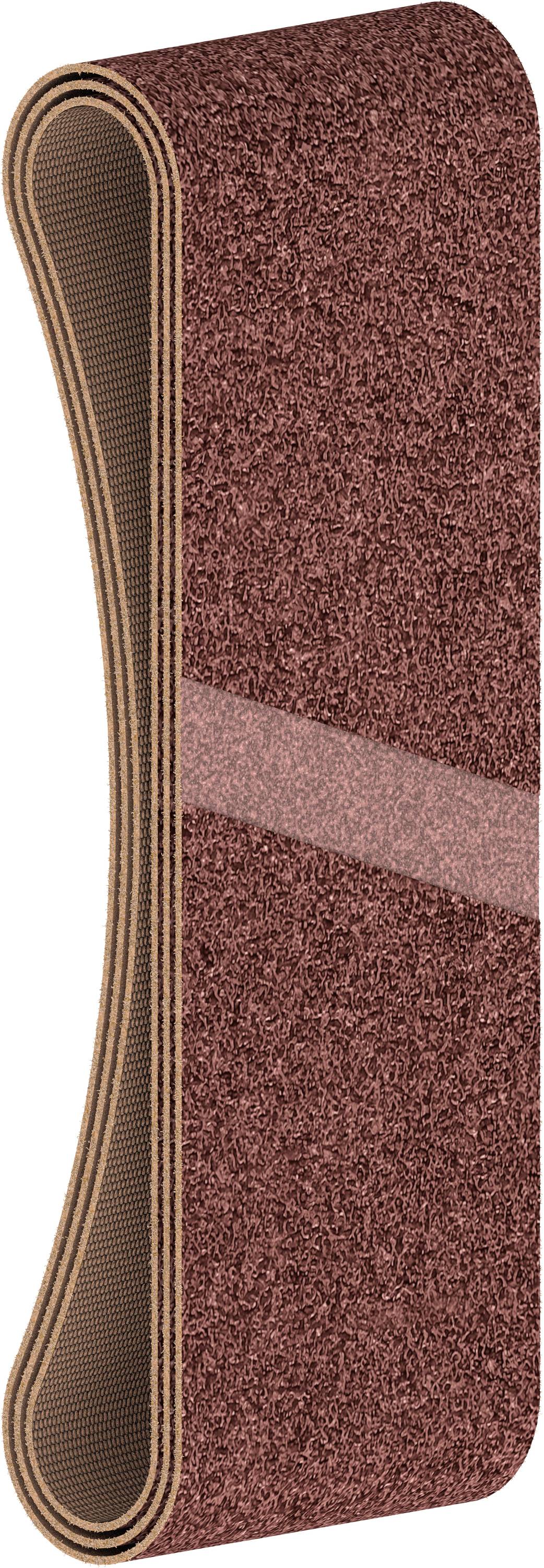 Bande abrasive en boucle continue, surface de ponçage brun-rouge, légèrement incurvée, vue de côté.