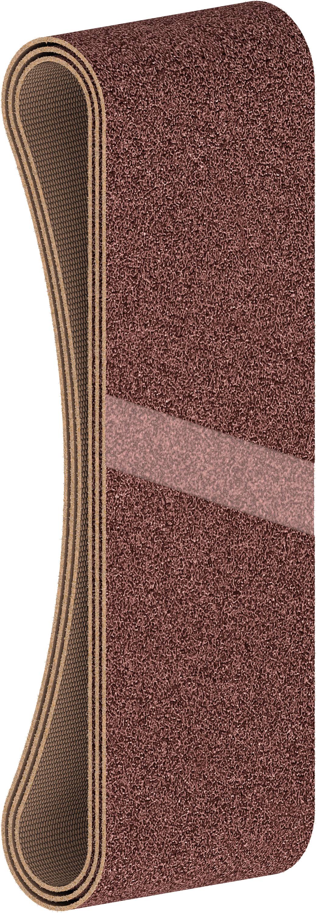 Bande abrasive brune en forme courbe, adaptée aux travaux de ponçage sur surfaces en bois ou en métal.