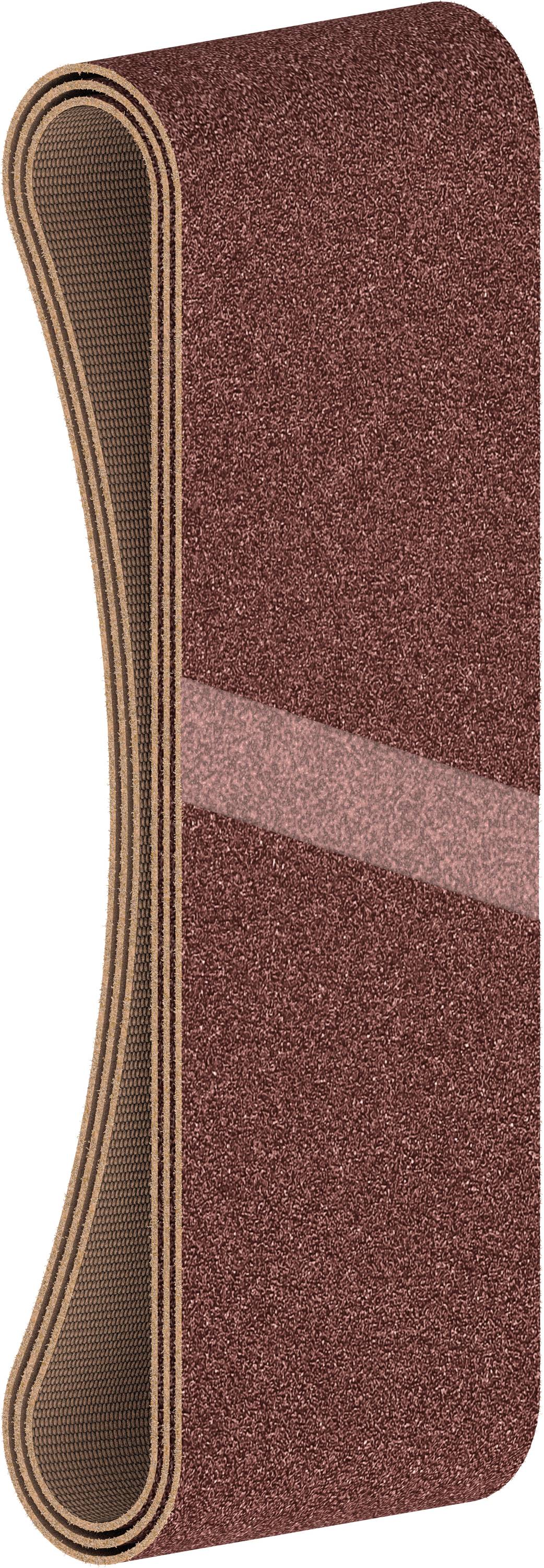 Bande de ponçage brune en boucle ovale fermée, texture reconnaissable.