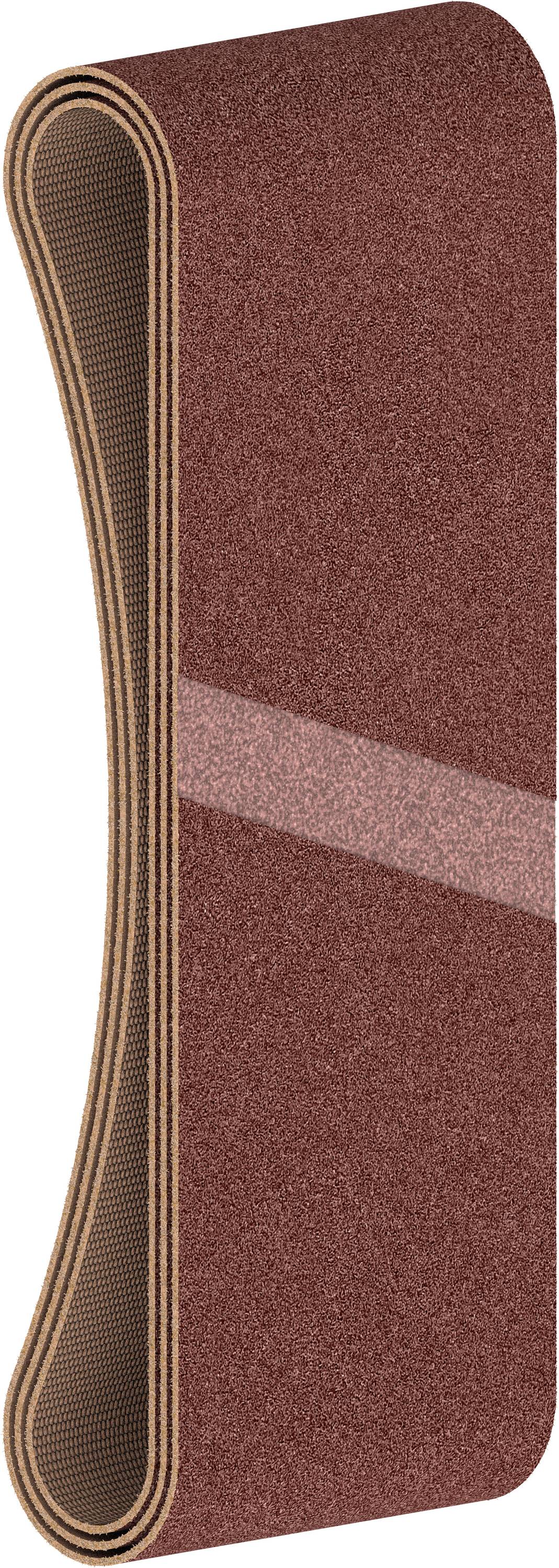 Une bande abrasive continue de couleur brune, à surface lisse et design légèrement incurvé, adaptée à une utilisation dans une machine de ponçage.