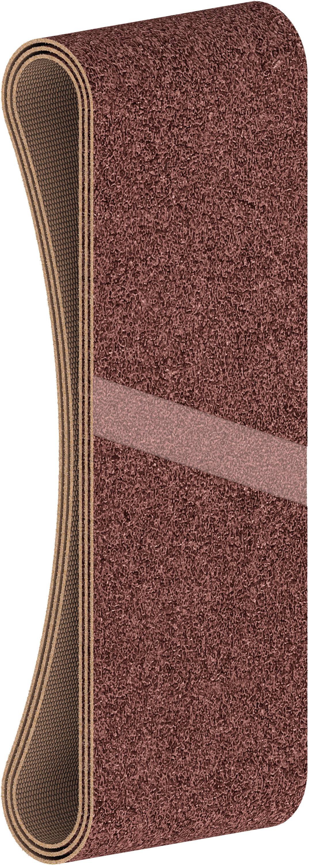 Bande abrasive marron à texture grossière, disposée en boucle. Principalement utilisée pour le ponçage des surfaces en bois et en métal.