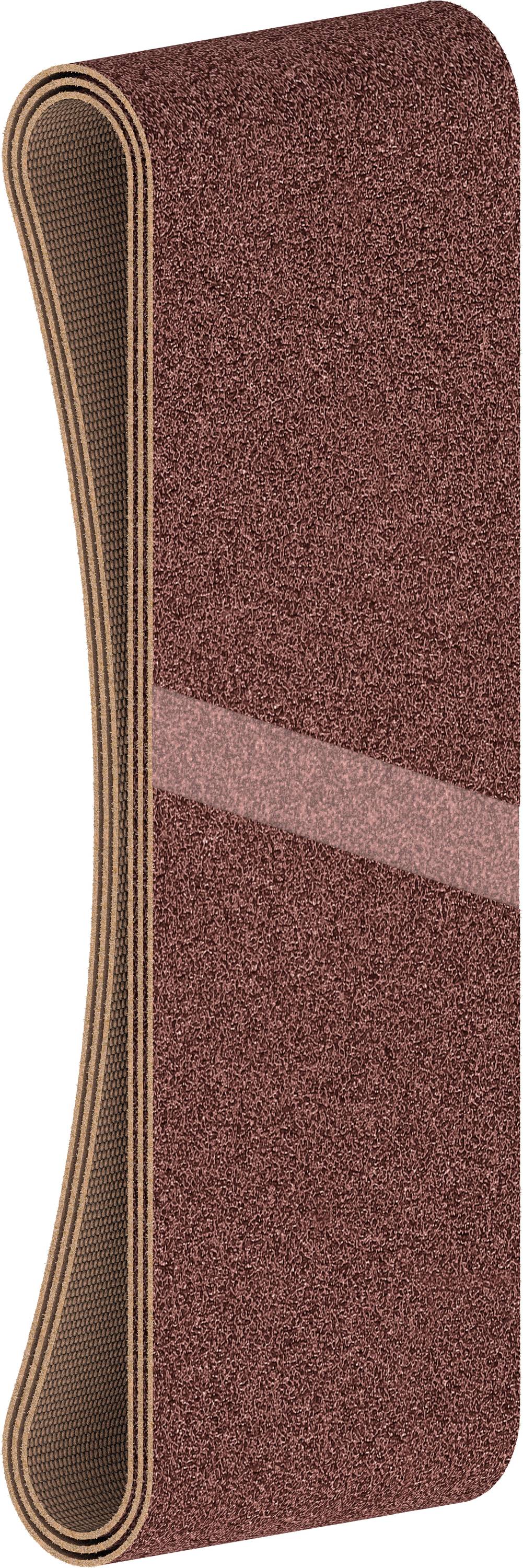 Une bande abrasive marron de forme incurvée, utilisée dans le travail du bois ou des métaux.