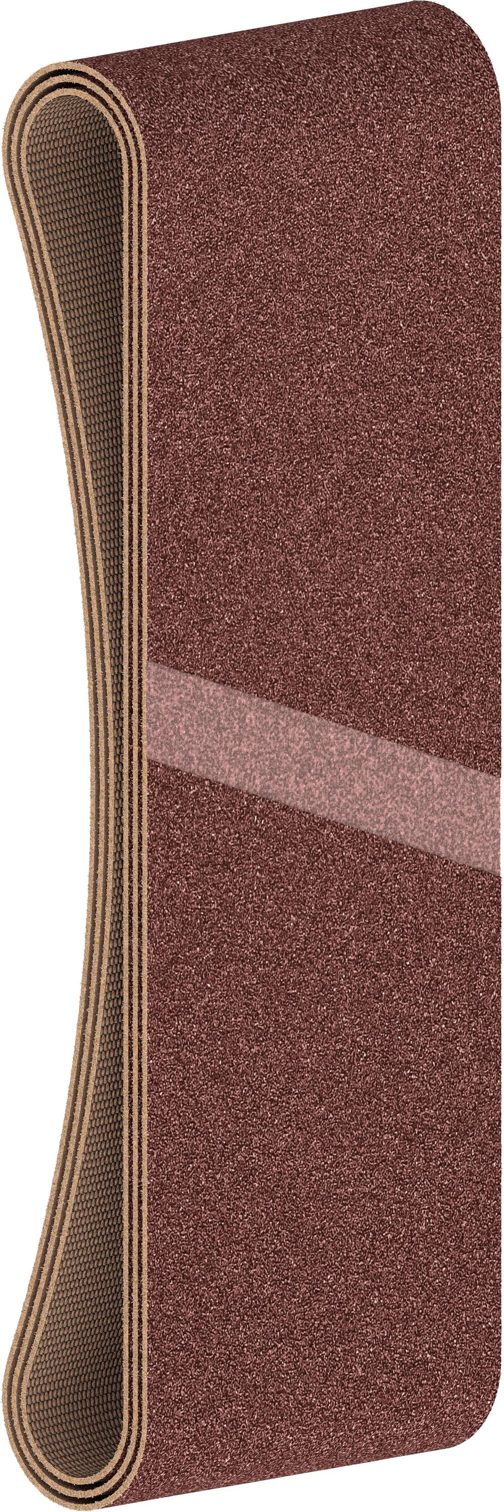 Bande abrasive brune de forme ovale, adaptée aux ponceuses, présentant une texture rugueuse et granuleuse pour le travail du bois et des métaux.